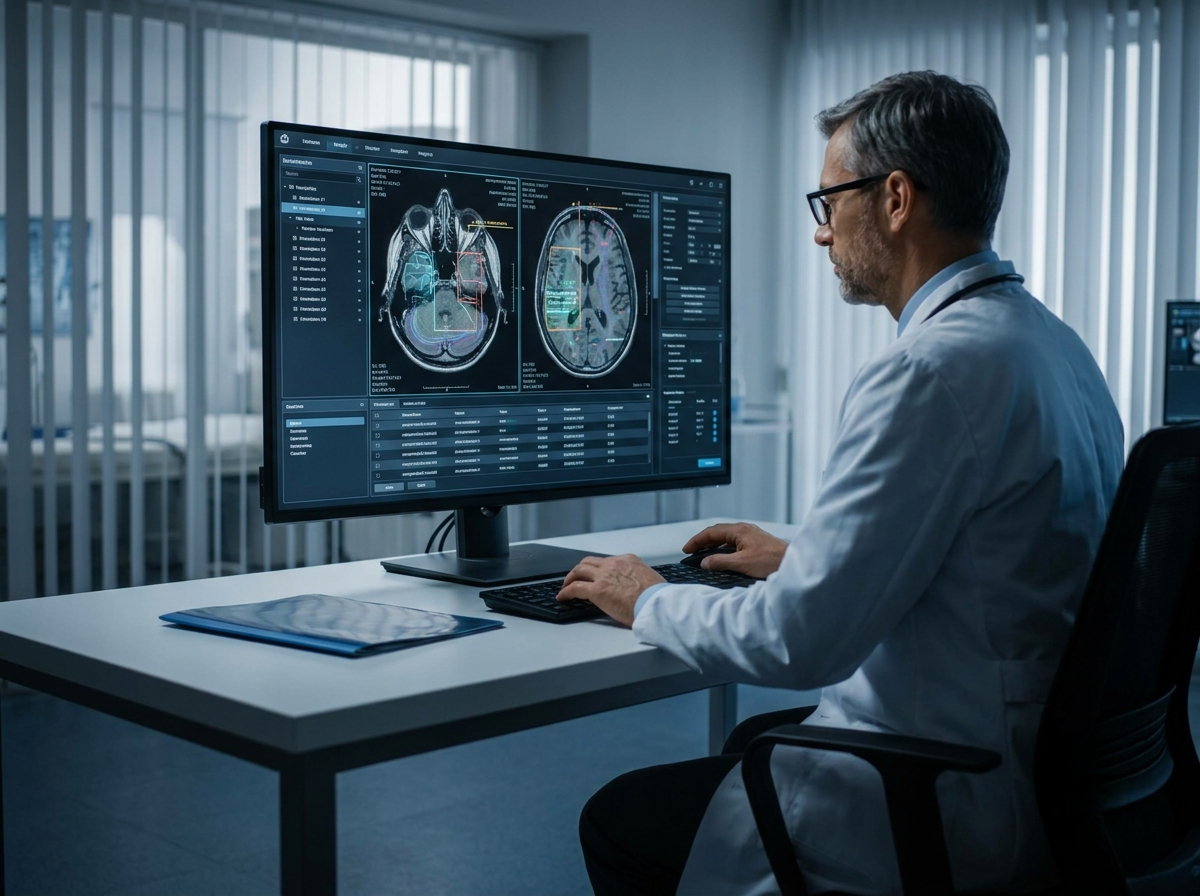 Healthcare professional using AI-powered medical imaging and diagnostic analysis